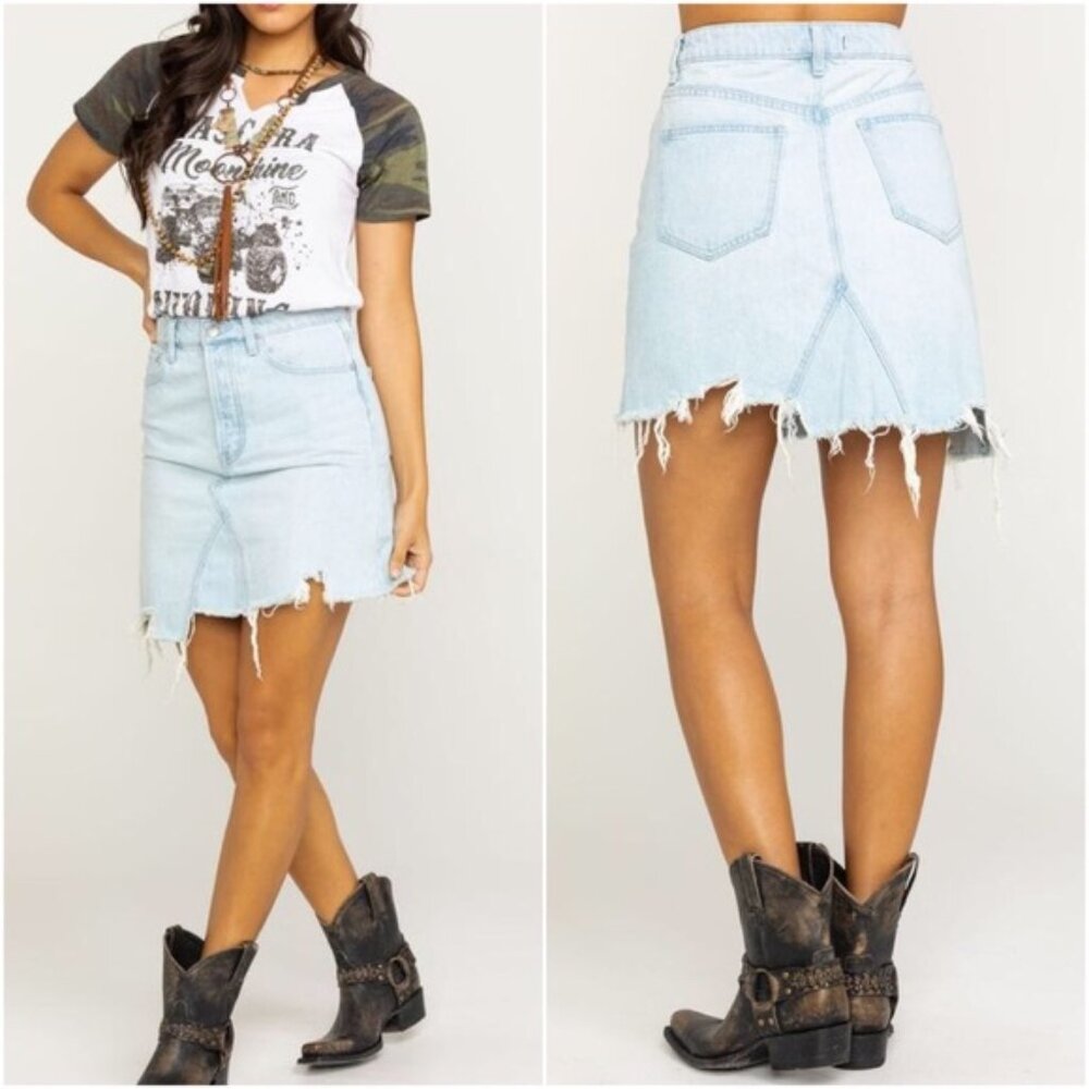 Free People Going Rogue Edgy Patched Jean Button Fly Mini Skirt Tidal Wave 28